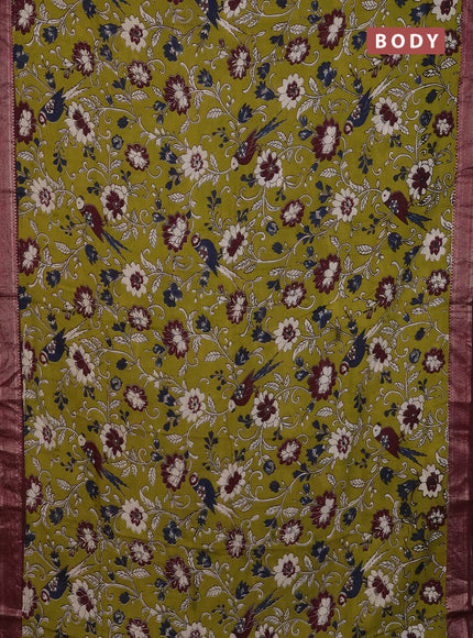 Kalamkari semi silk saree mehendi green and wine shade with allover prints and mangalgiri border