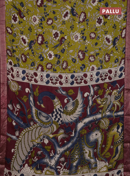 Kalamkari semi silk saree mehendi green and wine shade with allover prints and mangalgiri border