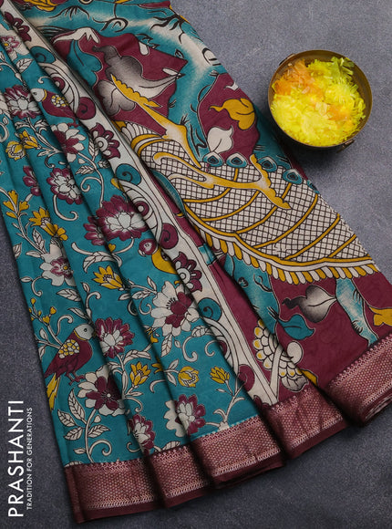 Kalamkari semi silk saree teal green and wine shade with allover prints and mangalgiri border