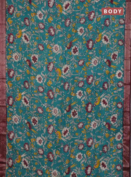 Kalamkari semi silk saree teal green and wine shade with allover prints and mangalgiri border
