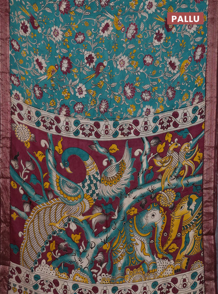 Kalamkari semi silk saree teal green and wine shade with allover prints and mangalgiri border