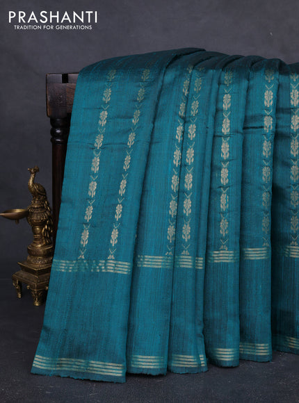 Pure dupion silk saree peacock green with allover zari woven buttas and rettapet zari woven border