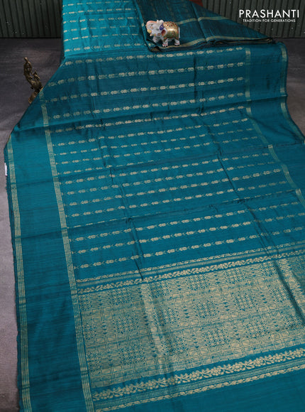 Pure dupion silk saree peacock green with allover zari woven buttas and rettapet zari woven border