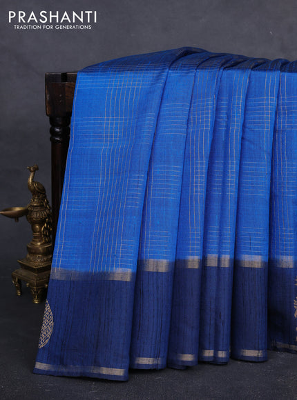 Pure dupion silk saree cs blue with allover zari checked pattern and rettapet zari woven butta border