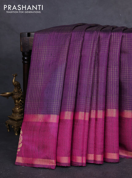 Pure dupion silk saree violet and magenta pink with allover zari checked pattern and rettapet zari woven butta border