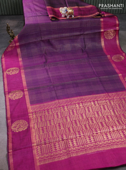 Pure dupion silk saree violet and magenta pink with allover zari checked pattern and rettapet zari woven butta border
