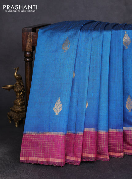 Pure dupion silk saree cs blue and pink with zari woven buttas and zari woven border