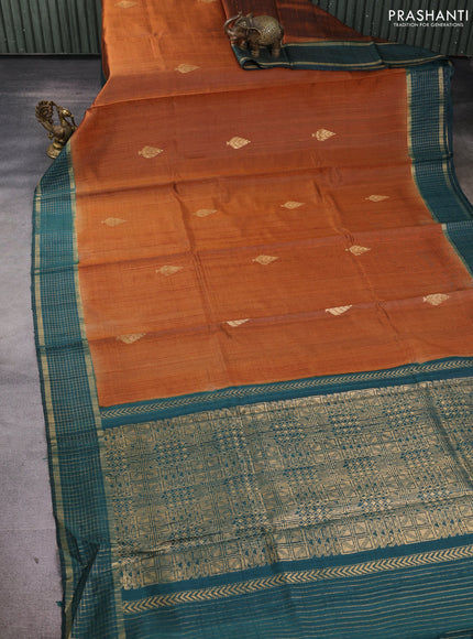 Pure dupion silk saree dark mustard and peacock green with zari woven buttas and zari woven border
