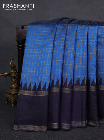 Pure dupion silk saree cs blue and navy bluie with allover zari checked pattern and rettapet zari woven border