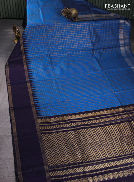 Pure dupion silk saree cs blue and navy bluie with allover zari checked pattern and rettapet zari woven border