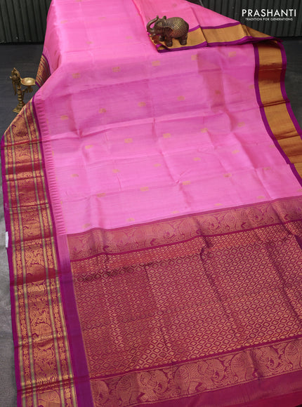 Kuppadam silk cotton saree light pink and magenta pink with allover vairaosi pattern & buttas and temple design zari woven border