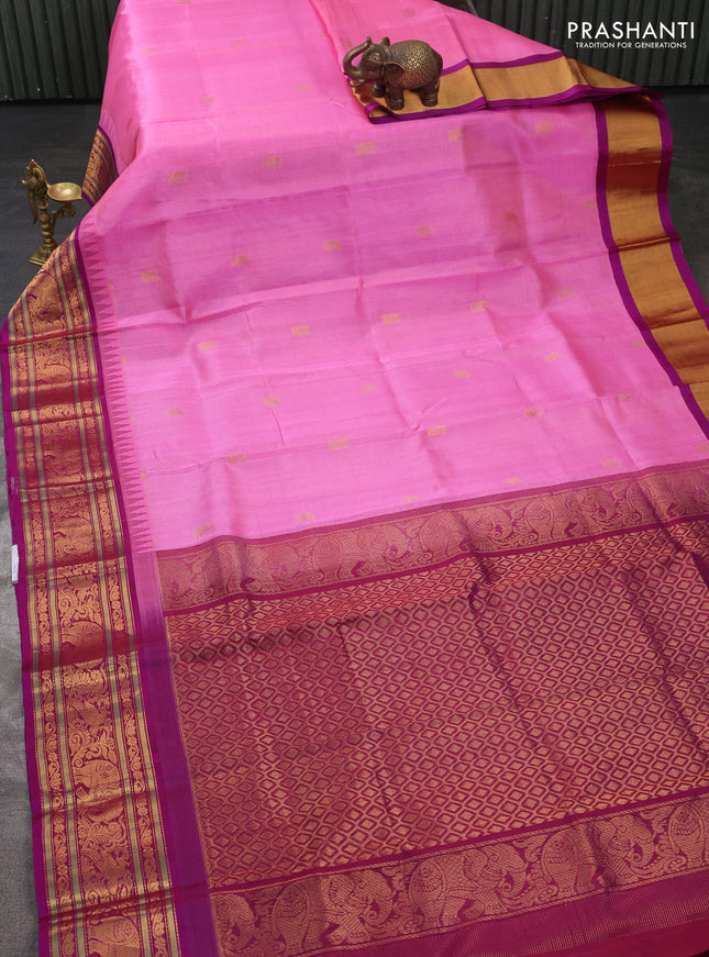 Kuppadam silk cotton saree light pink and magenta pink with allover vairaosi pattern & buttas and temple design zari woven border