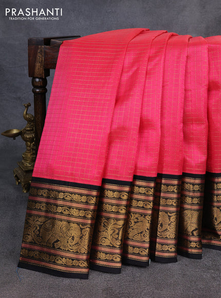 Kuppadam silk cotton saree candy pink and black with allover zari checked pattern and long zari woven korvai border