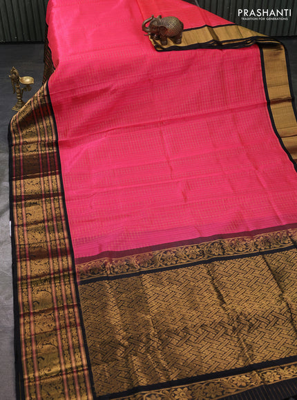 Kuppadam silk cotton saree candy pink and black with allover zari checked pattern and long zari woven korvai border
