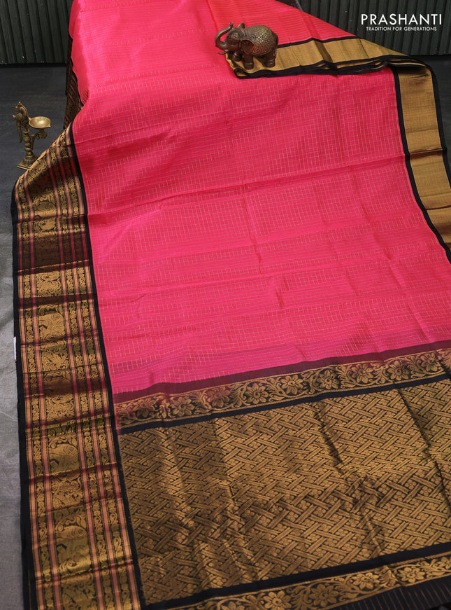 Kuppadam silk cotton saree candy pink and black with allover zari checked pattern and long zari woven korvai border