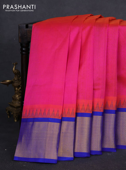 Kuppadam silk cotton saree candy pink and royal blue with plain body and temple design zari woven border