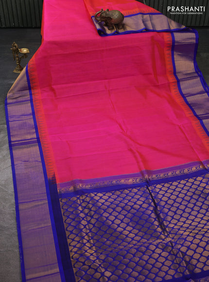 Kuppadam silk cotton saree candy pink and royal blue with plain body and temple design zari woven border