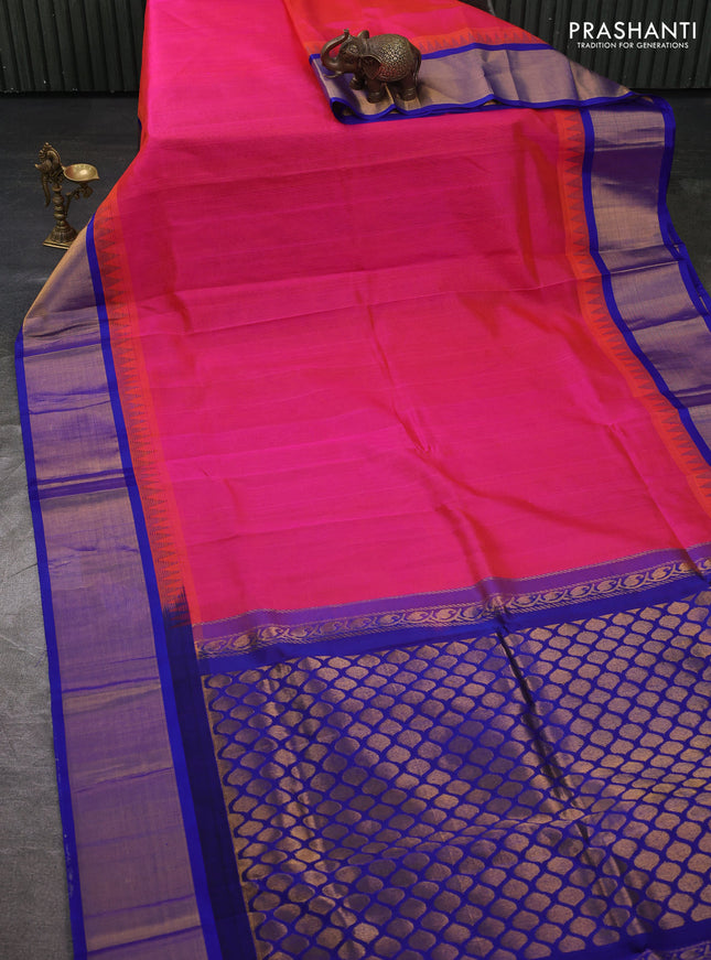 Kuppadam silk cotton saree candy pink and royal blue with plain body and temple design zari woven border