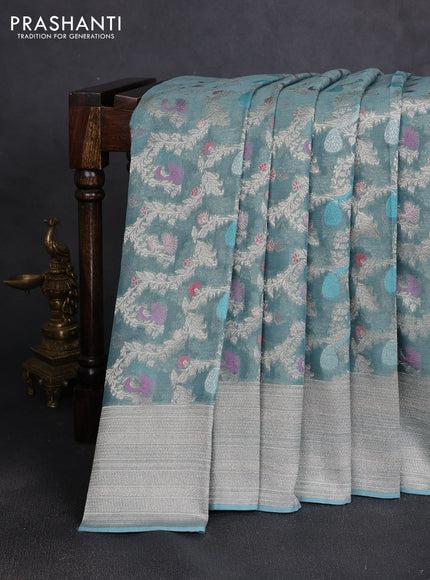 Art chiffon saree pastel blue with allover thread & zari peacock weaves and zari woven border
