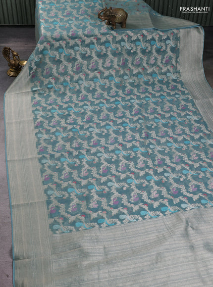 Art chiffon saree pastel blue with allover thread & zari peacock weaves and zari woven border