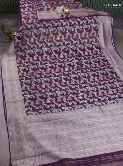 Art chiffon saree deep purple with allover thread & zari peacock weaves and zari woven border
