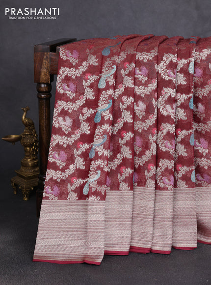 Art chiffon saree maroon with allover thread & zari peacock weaves and zari woven border