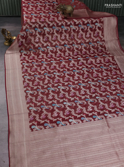 Art chiffon saree maroon with allover thread & zari peacock weaves and zari woven border