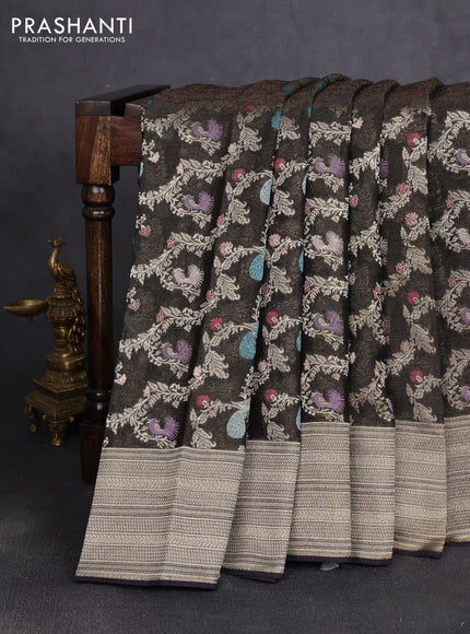 Art chiffon saree black with allover thread & zari peacock weaves and zari woven border