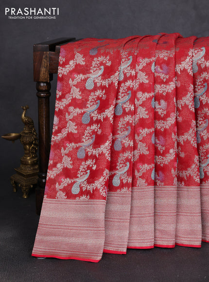 Art chiffon saree red with allover thread & zari peacock weaves and zari woven border