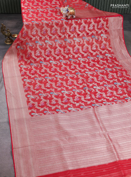 Art chiffon saree red with allover thread & zari peacock weaves and zari woven border