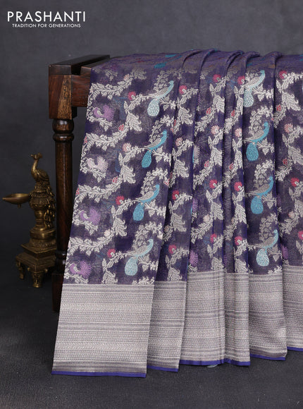 Art chiffon saree navy blue with allover thread & zari peacock weaves and zari woven border