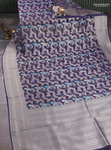 Art chiffon saree navy blue with allover thread & zari peacock weaves and zari woven border