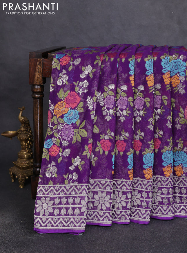 Art chiffon saree violet with allover thread & zari floral weaves and zari woven border