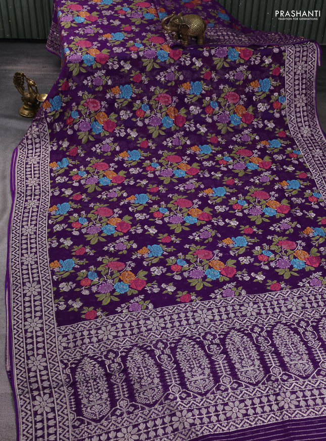 Art chiffon saree violet with allover thread & zari floral weaves and zari woven border
