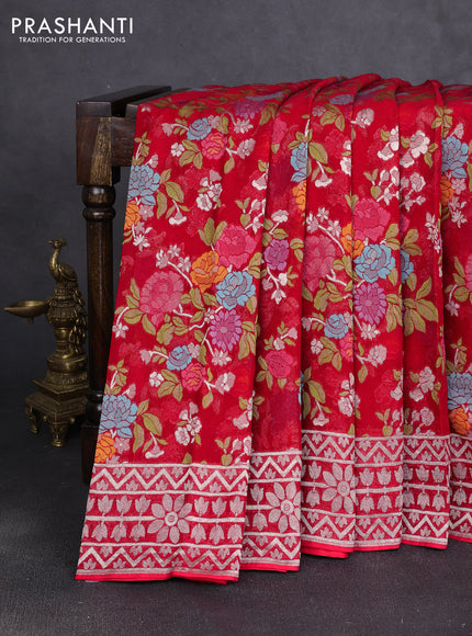 Art chiffon saree red with allover thread & zari floral weaves and zari woven border