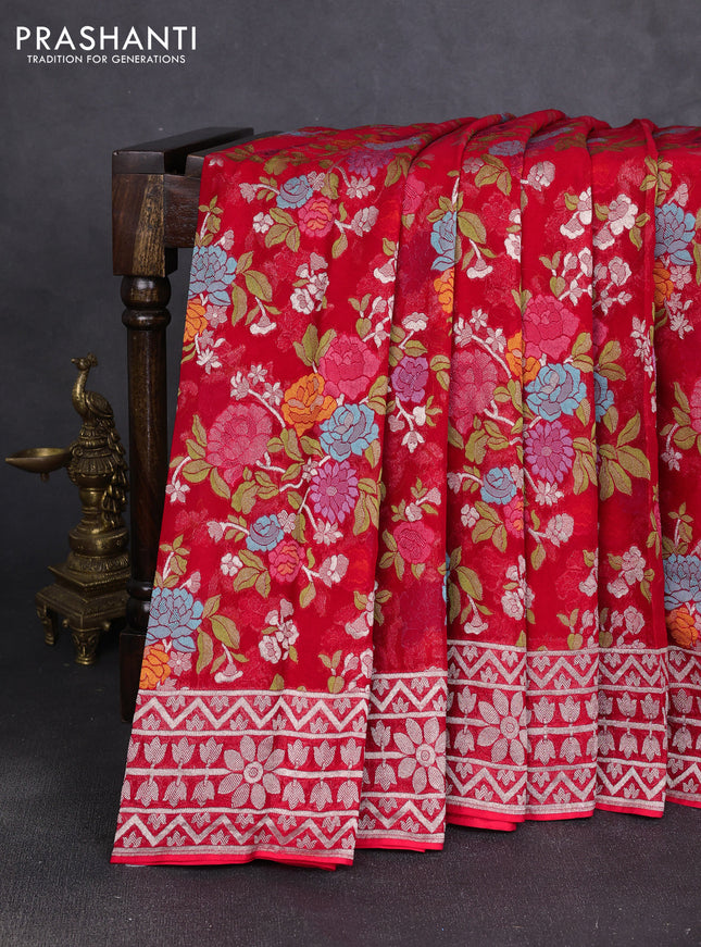 Art chiffon saree red with allover thread & zari floral weaves and zari woven border
