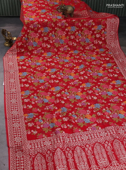Art chiffon saree red with allover thread & zari floral weaves and zari woven border