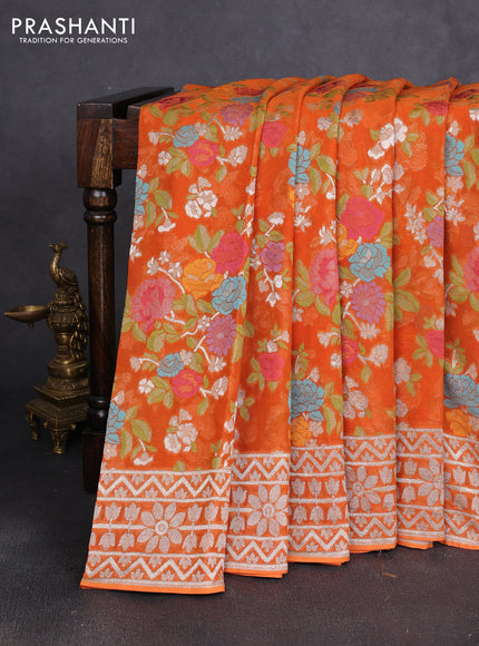 Art chiffon saree orange with allover thread & zari floral weaves and zari woven border