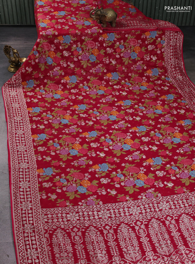 Art chiffon saree dark pink with allover thread & zari floral weaves and zari woven border