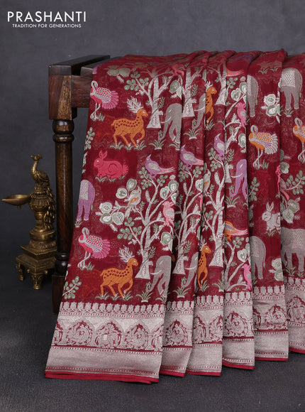 Art chiffon saree deep maroon with allover vanasingaram weaves and zari woven border