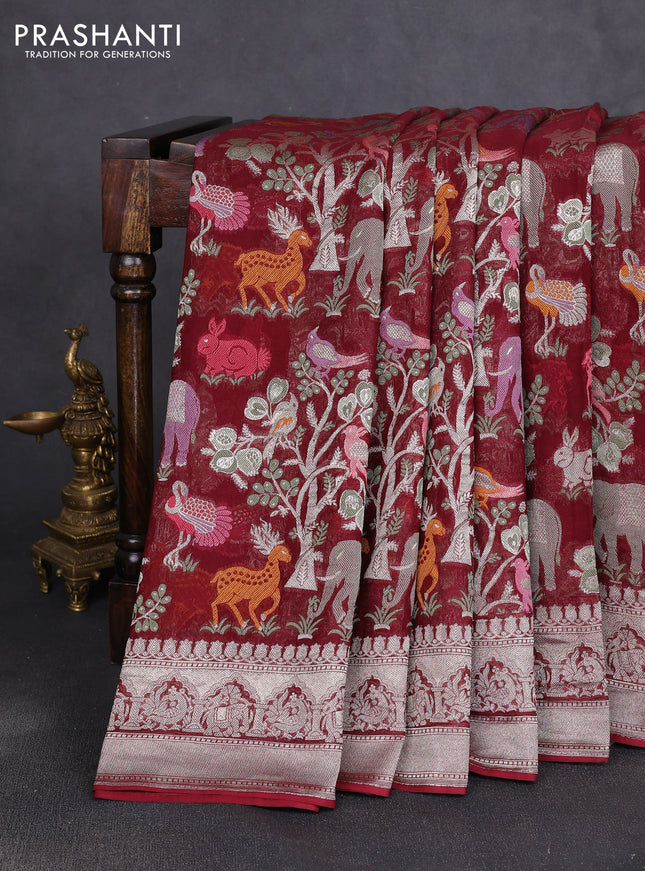 Art chiffon saree deep maroon with allover vanasingaram weaves and zari woven border