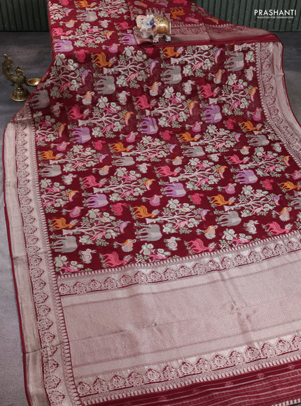 Art chiffon saree deep maroon with allover vanasingaram weaves and zari woven border