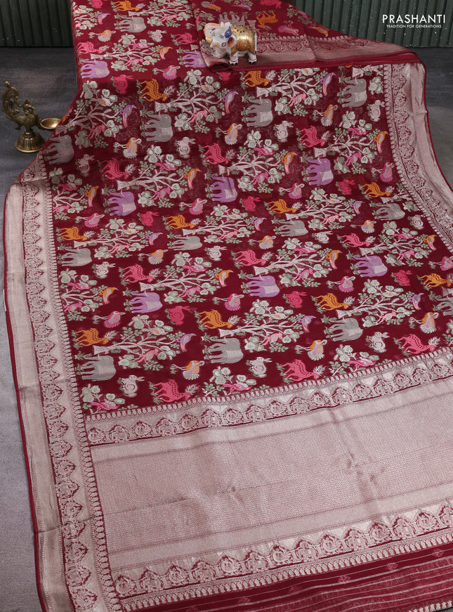 Art chiffon saree deep maroon with allover vanasingaram weaves and zari woven border