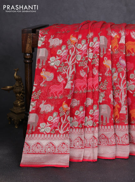 Art chiffon saree red with allover vanasingaram weaves and zari woven border