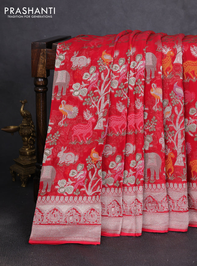 Art chiffon saree red with allover vanasingaram weaves and zari woven border