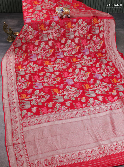 Art chiffon saree red with allover vanasingaram weaves and zari woven border