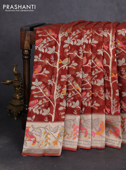 Art chiffon saree brown with allover birds weaves and zari woven border