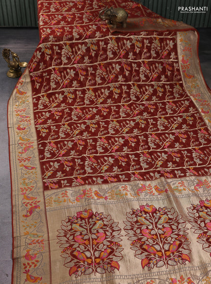 Art chiffon saree brown with allover birds weaves and zari woven border