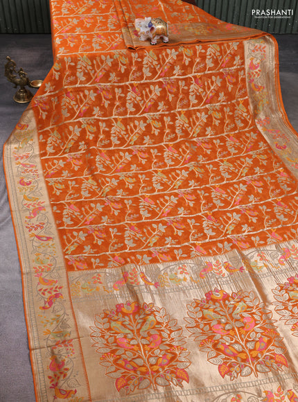 Art chiffon saree orange with allover birds weaves and zari woven border