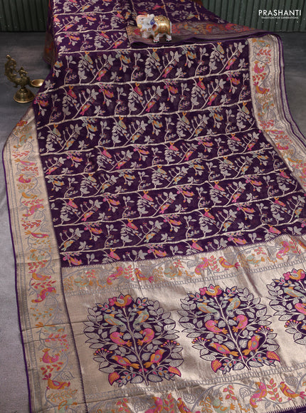 Art chiffon saree violet with allover birds weaves and zari woven border